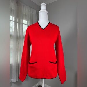 Vintage ‘70s Barclay Red & Black Double Knit V-Neck Pullover Sweater